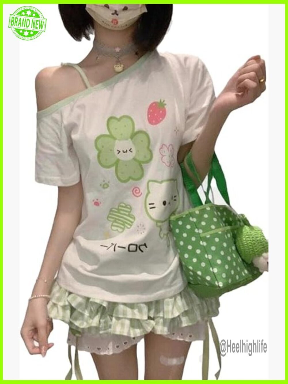 Y2K Harajuku Cartoon Print Off Shoulder T-Shirt Kawaii Sweet Tee
